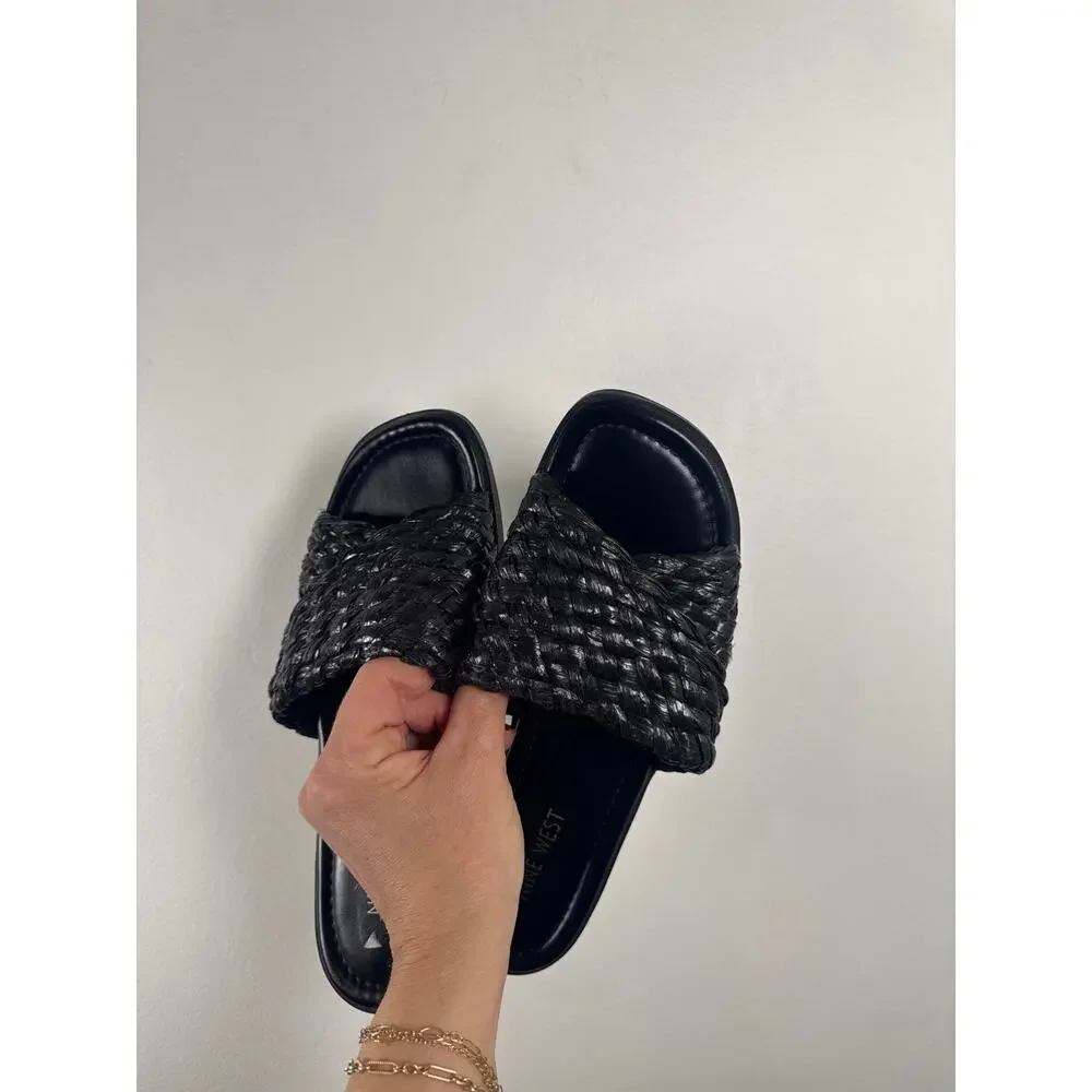Nine West Havah Woven/Braided Women's Flat Slide Sandals in Black, Size 7